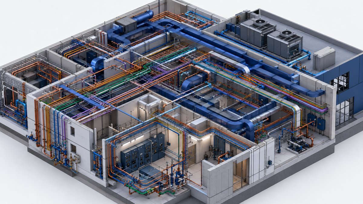 Render de ingeniería BIM de planta industrial